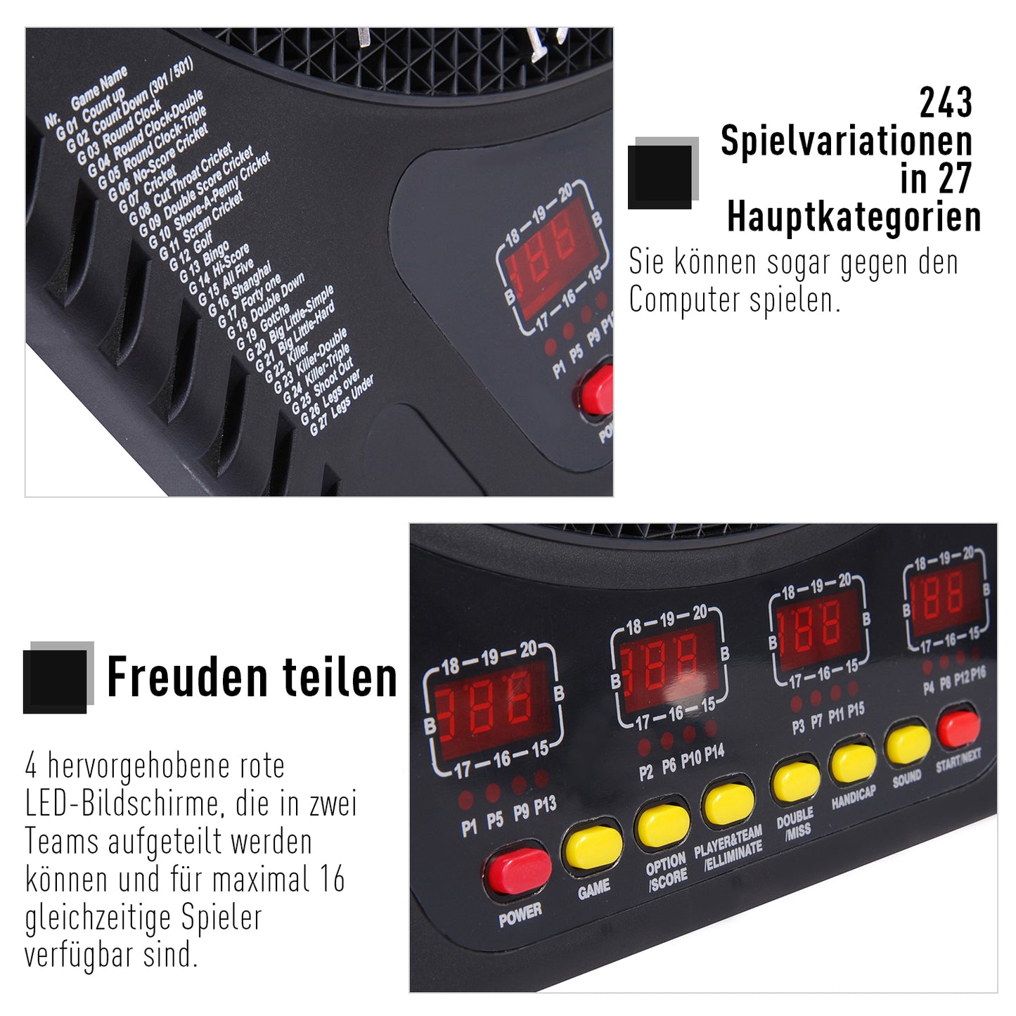 HOMCOM Elektronische Dartscheibe Dartboard Dart-set mit LED Anzeige mit automatischer Wertung Soundeffekte 6 Darts 24 Dartköpfe 27 Spiele und 243 Trefferoptionen für 16 Spieler 44 x 51,5 x 3,2 cm