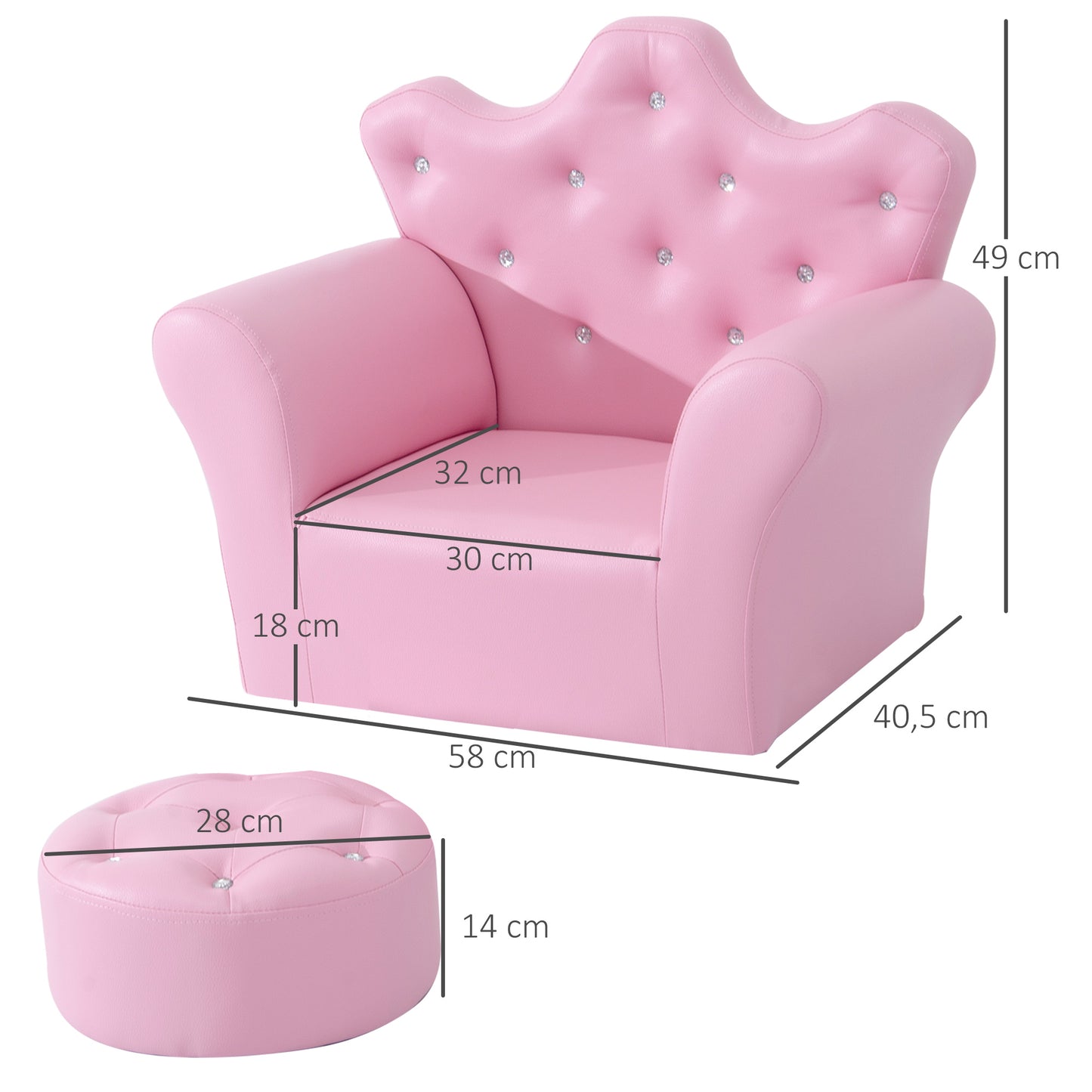 HOMCOM Spielsofa für Kinder, Kindersofa mit Ottomane, Kindercouch Prinzessinnen Spielsofa Kindercouch Mini Couch für Kuschelecke, Kinderzimmer, Spielzimmer, Schlafzimmer, Rosa