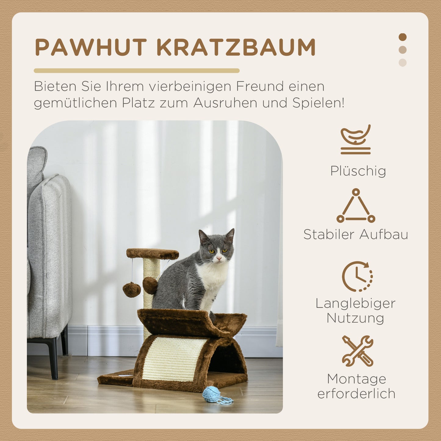 PawHut Kratzbaum liten Katzenkratzbaum Spielbaum Kratzstamm für Katzen mit Spielball Braun L40 x B30 x H43 cm