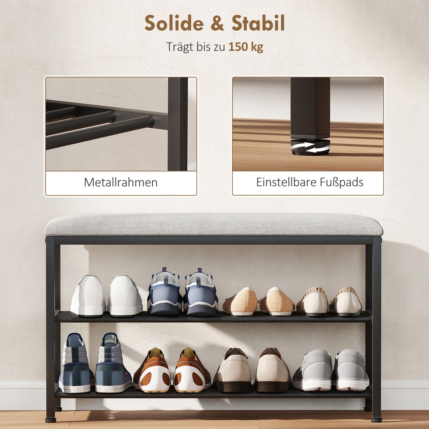 HOMCOM Schuhbank mit Sitzfläche, Sitzbank mit Stauraum, Schuhregal mit 2 offene Fächer, Sitzbank 81 x 31 x 50 cm Schwarz