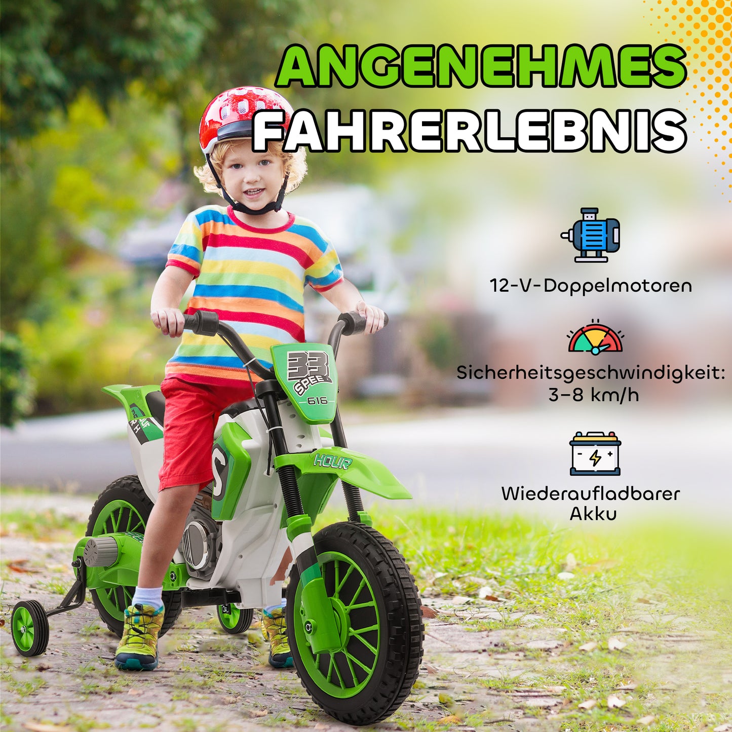 HOMCOM Kindermotorrad, Elektromotorrad, 45 Min Fahrzeit, mit Stützrädern, ab 3 Jahren, grün+weiß, 106,5 x 51,5 x 68cm