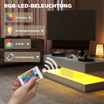 HOMCOM Wohnzimmertisch mit Schubladen und LED-Lichtern, moderner Sofatisch mit offener Ablage, Couchtisch, Spanplatte, Weiß