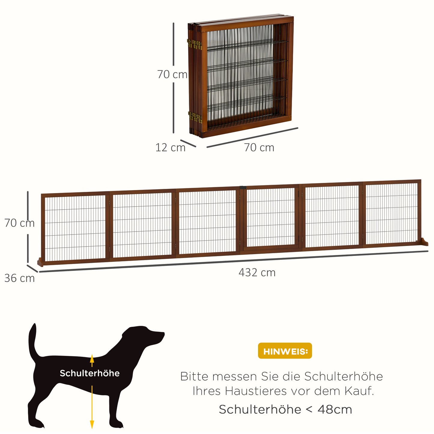 PawHut Absperrgitter für Hunde, klappbar, Kiefernholz, 432 x 36 x 70 cm, Kaffee
