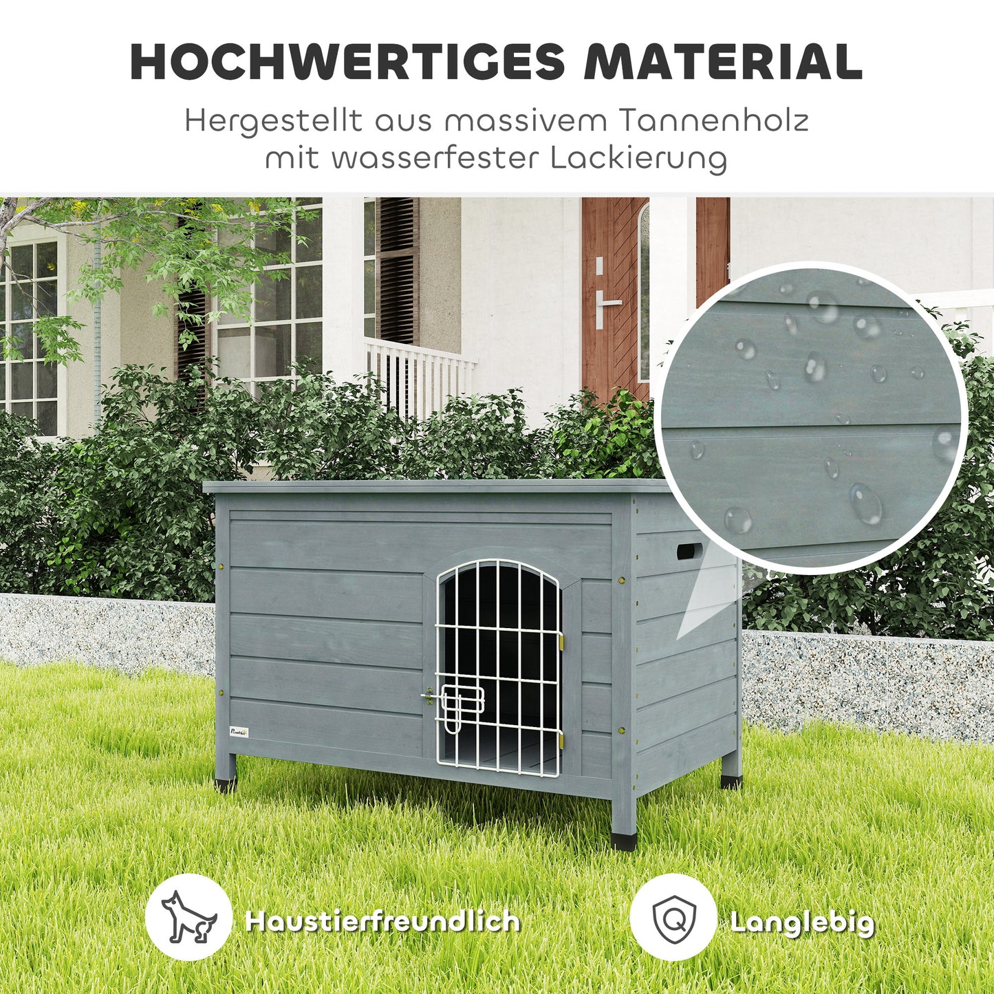 PawHut Hundehütte, Hundehaus mit Tür, Hundebox, Haustierhütte, Tannenholz, Dunkelgrau