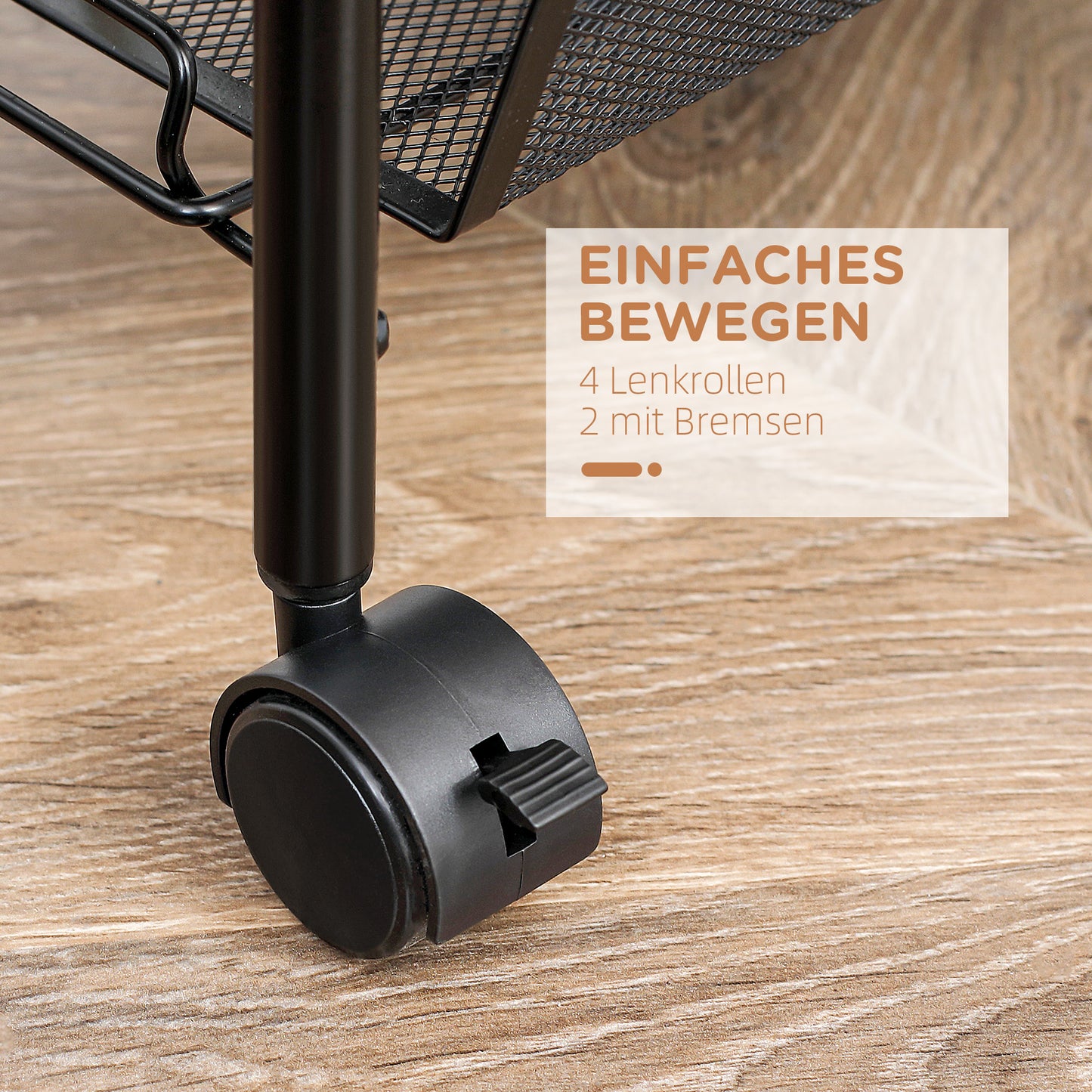 HOMCOM Rollwagen mit 4 Hängekörben, Servierwagen auf Rollen, fahrbar, abnehmbare Haken, Stahl, 45 x 26,5 x 84 cm, Schwarz