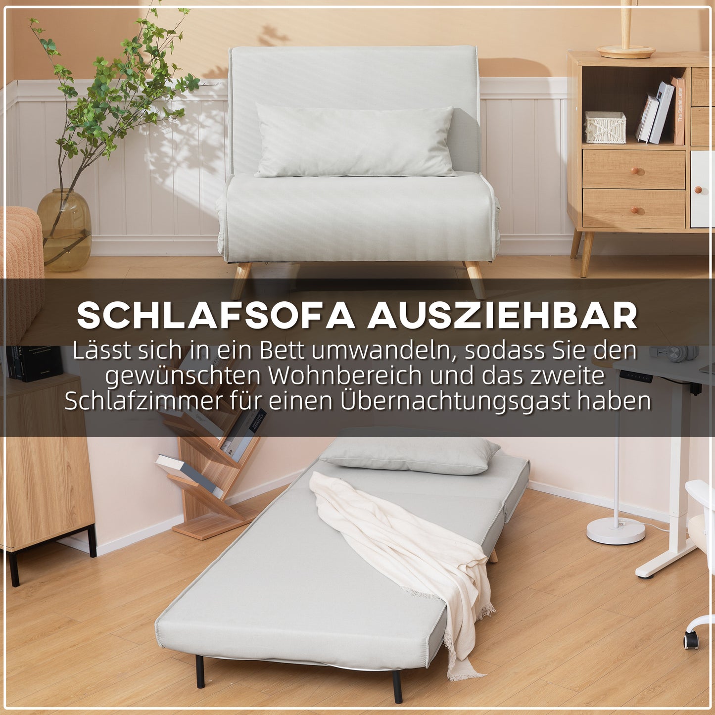 HOMCOM Einzelsofa Schlafsofa Sofabett Klappsofa verstellbar Rückenlehne Liege nordisch skandinavisch 25D Schaumstoff Haus Leinenimitat Tannenholz Cremeweiß 94 x 78 x 80 cm