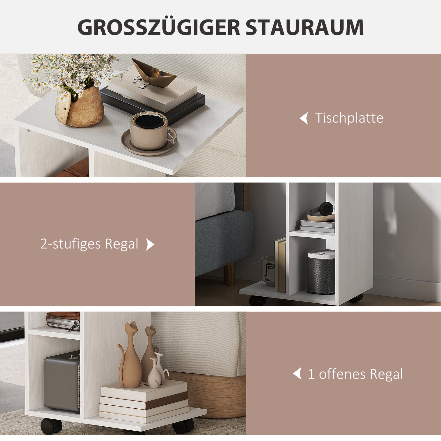 HOMCOM Beistelltisch in C-Form, Kaffeetisch, Couchtisch, Eckschreibtisch, mit Rollen, E1-Spanplatte, 45 x 35 x 58 cm, Weiß