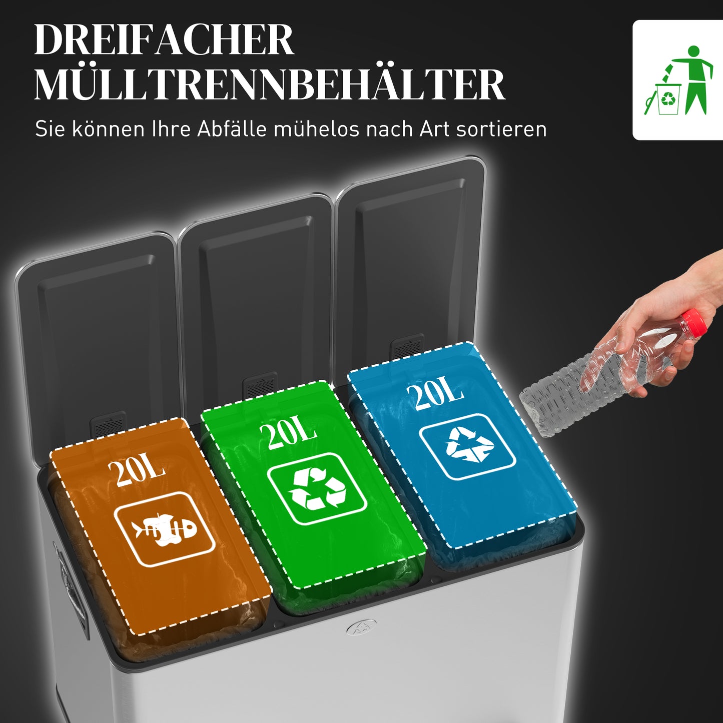 HOMCOM Mülleimer mit 3 x 20 L Fächern, Deodorant-Deckel, fingerabdrucksicher, Soft-Close, herausnehmbar, Silber