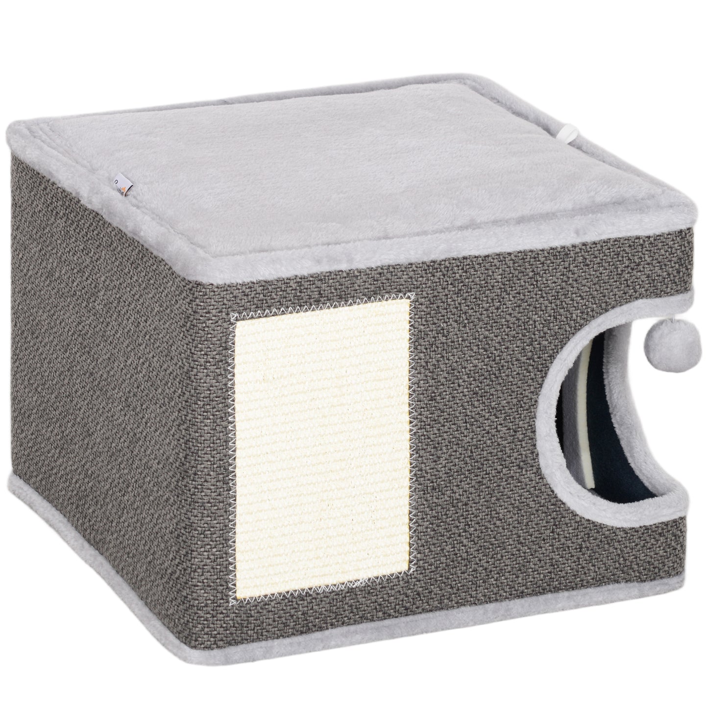 PawHut Katzenhaus mit 2 Kissen, Bett, Höhle, Kratzmatte, Spielball, kleiner Kratzbaum, Grau