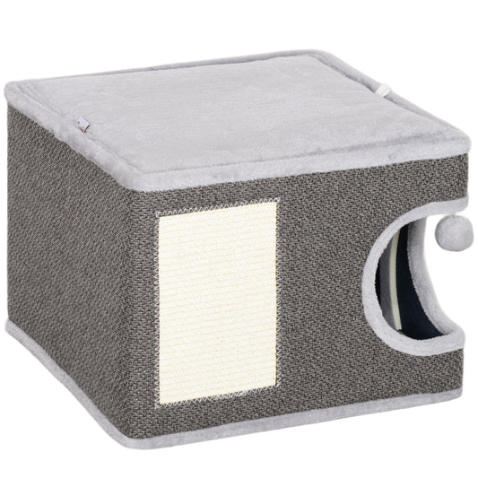 PawHut Katzenhaus mit 2 Kissen, Bett, Höhle, Kratzmatte, Spielball, kleiner Kratzbaum, Grau