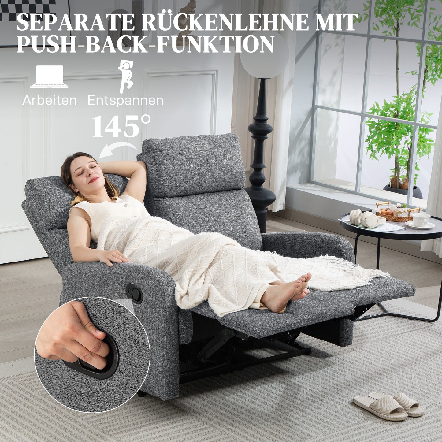 HOMCOM 2-Sitzer-Sofa, individuell verstellbare Rückenlehnen, Fußstütze, Stoffbezug, Stahl, Grau