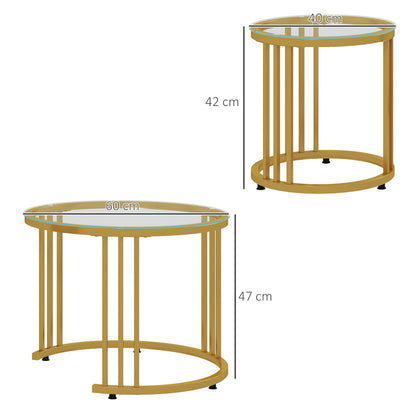 HOMCOM Beistelltisch-Set, 2 Satztische, Karbonstahl, Glasplatte, Ø60x47/Ø40x42 cm, Gold