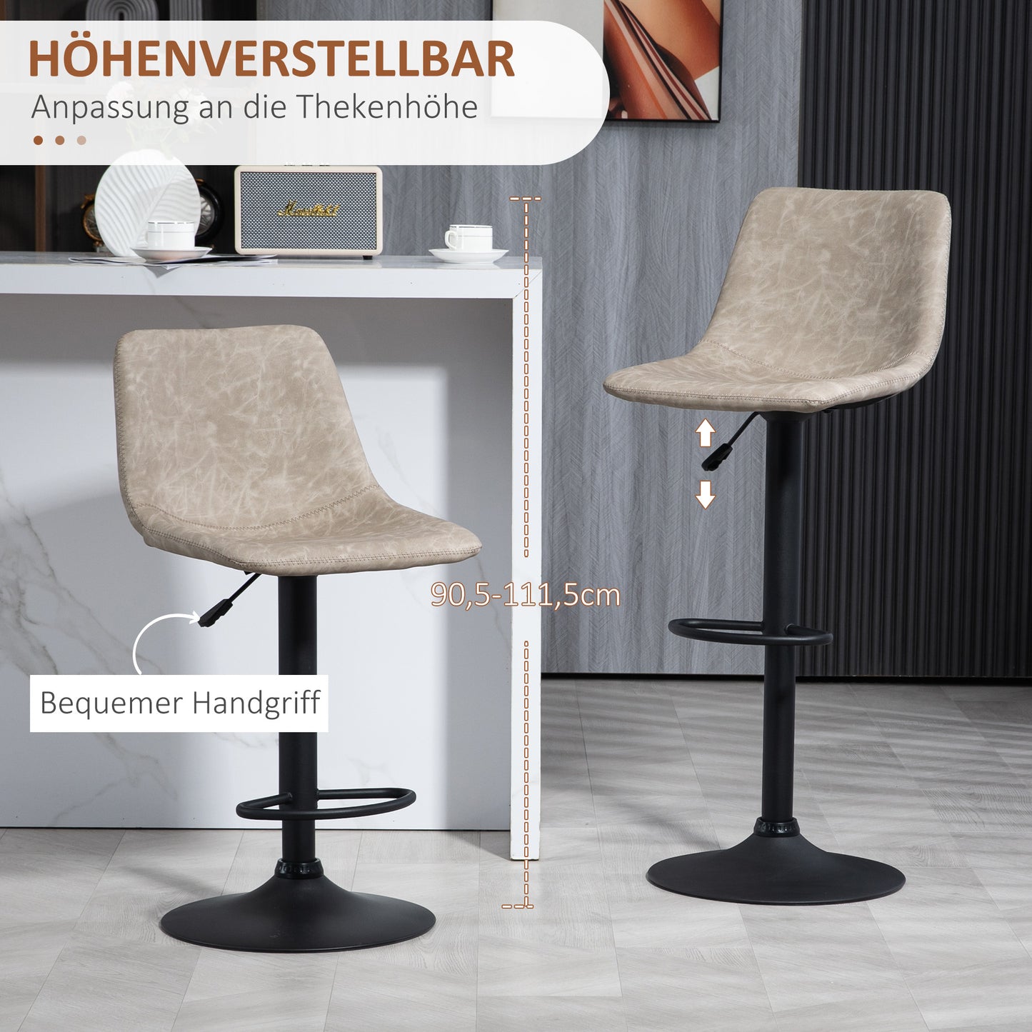 HOMCOM Barhocker im 2er-Set, Retro-Design, höhenverstellbar, drehbar, Kunstleder, 42 x 48 x 91-112 cm, Beige