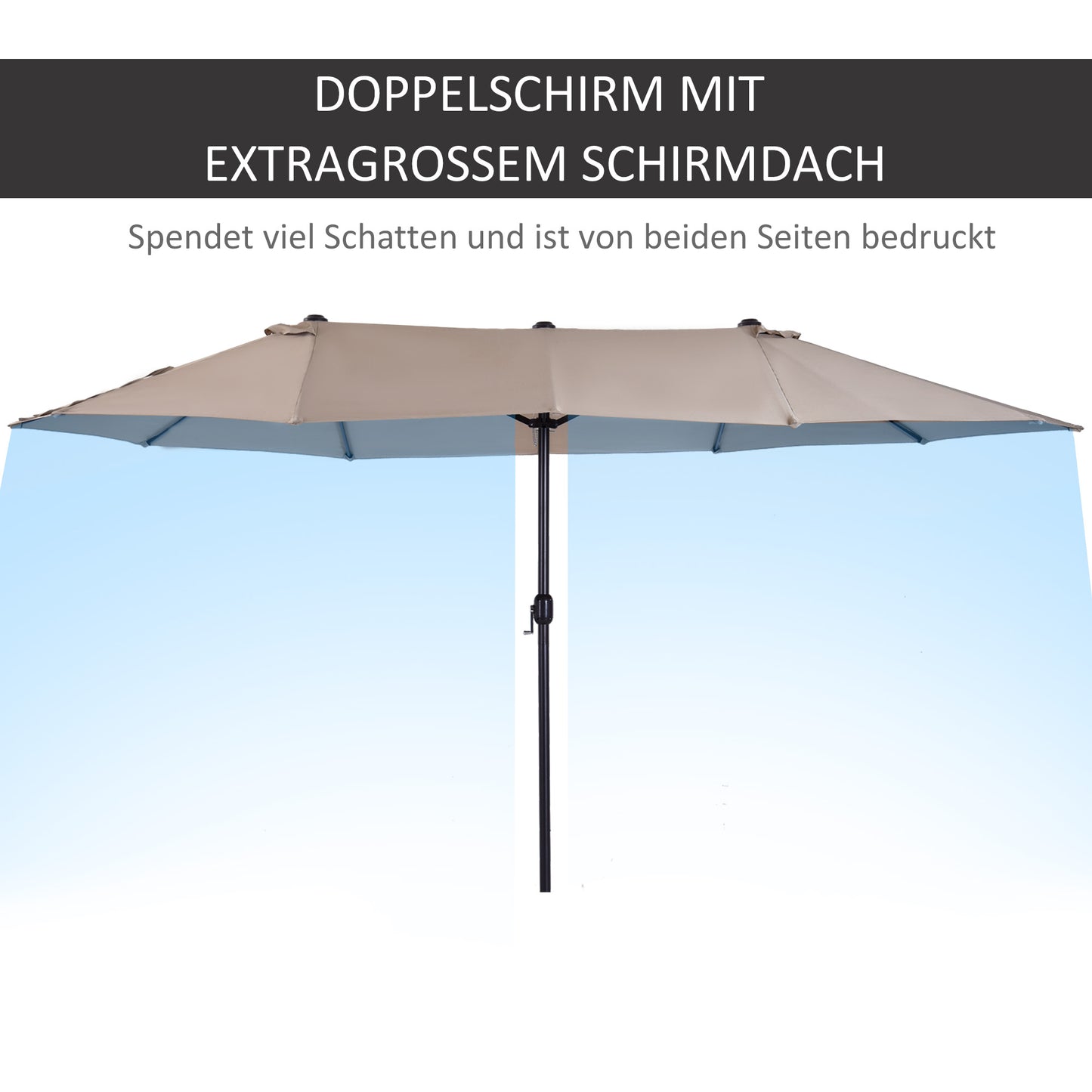 Outsunny Doppelsonnenschirm 455 x 270 cm Gartenschirm mit Handkurbel oval stabil Metallstange Marktschirm Doppelsonnenschirm Terrassenschirm Sonnenschutz für Strand Balkon Terrasse Garten Hellkaffee