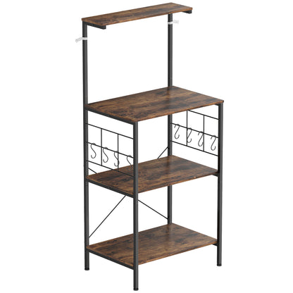 HOMCOM Küchenregal, 4-stufiges Design, Arbeitsplatte, 8 Haken, Metallrohre, Braun+Schwarz