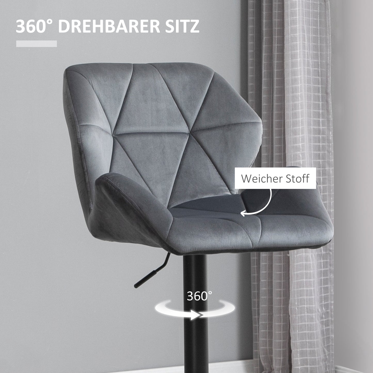 HOMCOM Barhocker 2er Set, Gepolstert Barstuhl mit Metallgestell, Lehne, Samtoptik, Höhenverstellbar 360° Drehbar