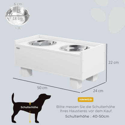 PawHut Erhöhte Fütterungsstation für Hunde, mit abnehmbarer Slow-Feeder-Matte, 2 Aluminiumschüsseln, Staurum, Weiß