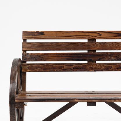 Outsunny Gartenbank, Wagenrad-Design, für 2 Personen, Naturholz, dunkelbraun, 105,5 x 56 x 79cm