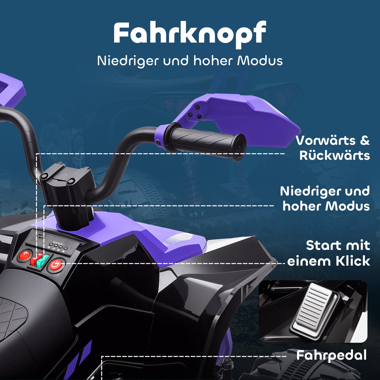 AIYAPLAY Kinder-Elektro-Quad, 24V Elektro-Fahrzeug mit 4 Rädern, Scheinwerfer, USB-Anschluss, MP3-Funktion, 6,5 km/h, 3-8 Jahre