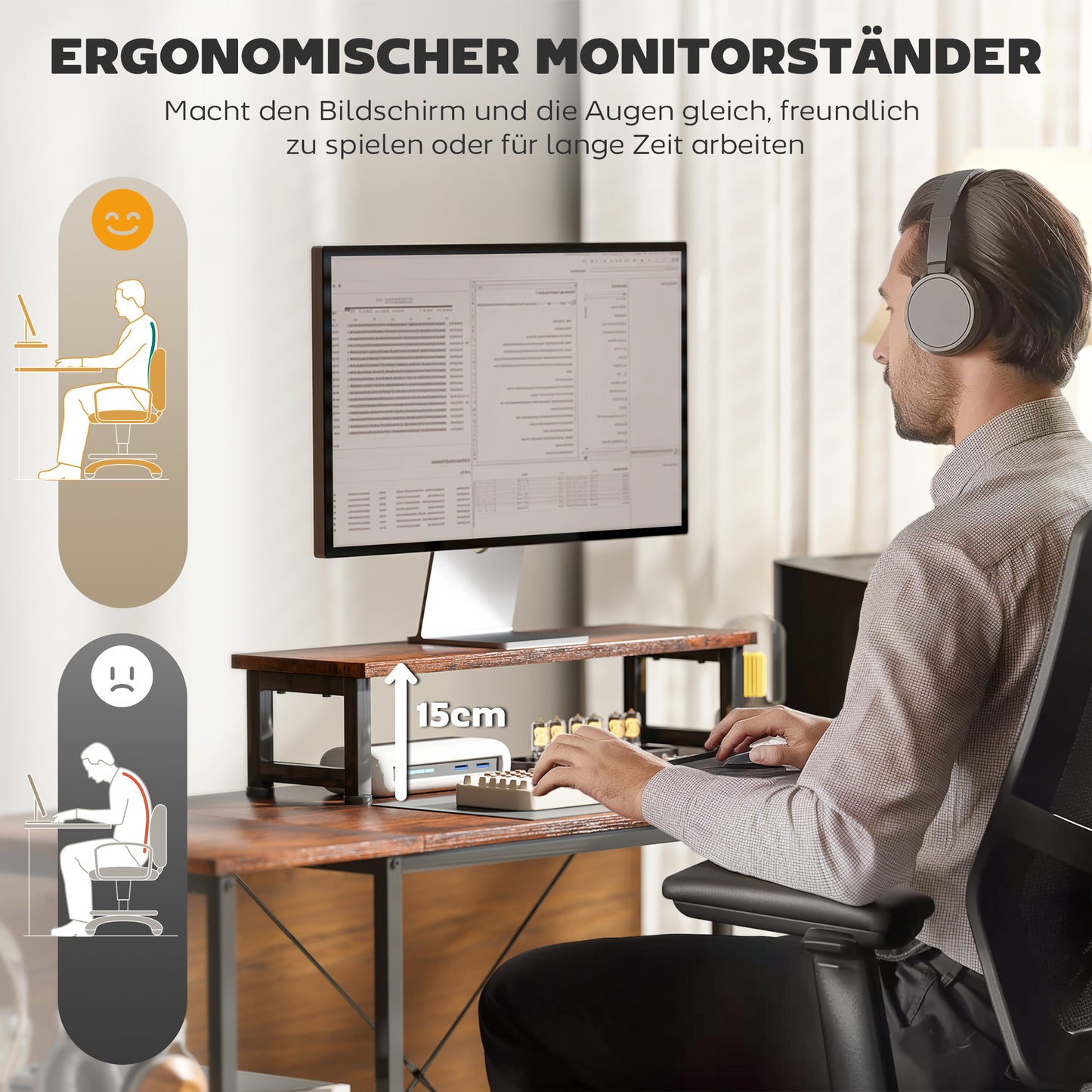 HOMCOM L-förmiger Schreibtisch, Vielseitiger Bürotisch mit einstellbaren Regalen und Aufbewahrungstasche, Monitorständer, Braun