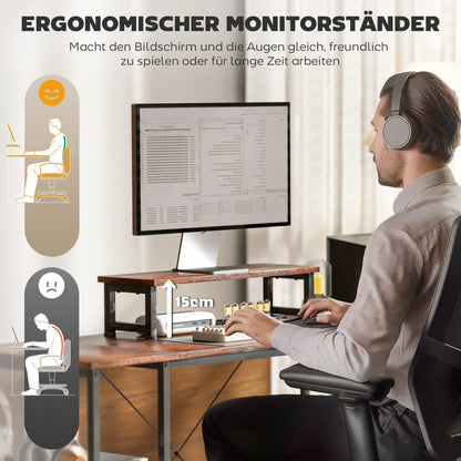 HOMCOM L-förmiger Schreibtisch, Vielseitiger Bürotisch mit einstellbaren Regalen und Aufbewahrungstasche, Monitorständer, Braun