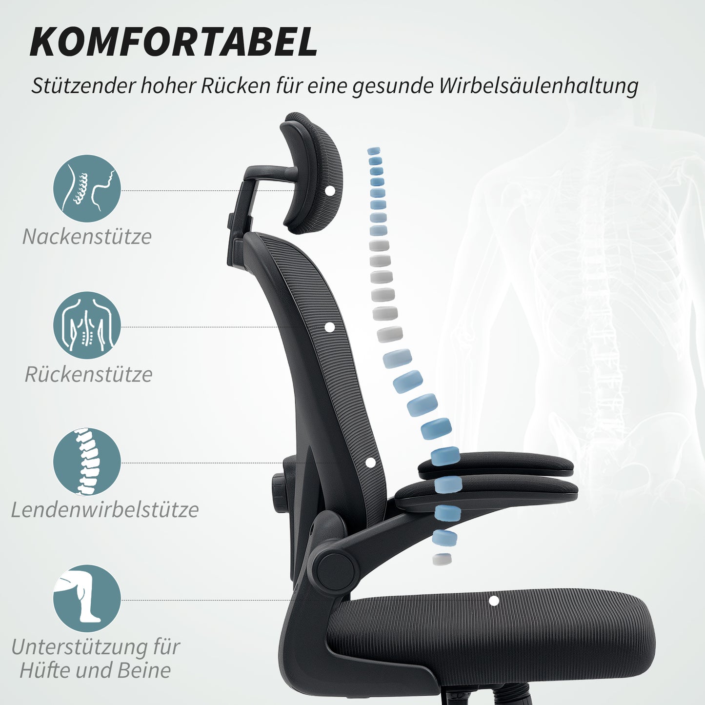 HOMCOM Bürostuhl Ergonomischer Schreibtischstuhl mit Hochklappbaren Armlehnen, Verstellbarer Lendenwirbelstütze Schwarz