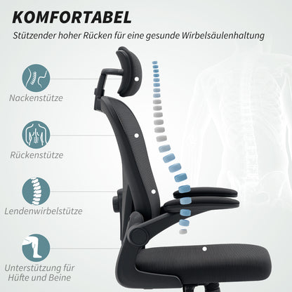 HOMCOM Bürostuhl Ergonomischer Schreibtischstuhl mit Hochklappbaren Armlehnen, Verstellbarer Lendenwirbelstütze Schwarz