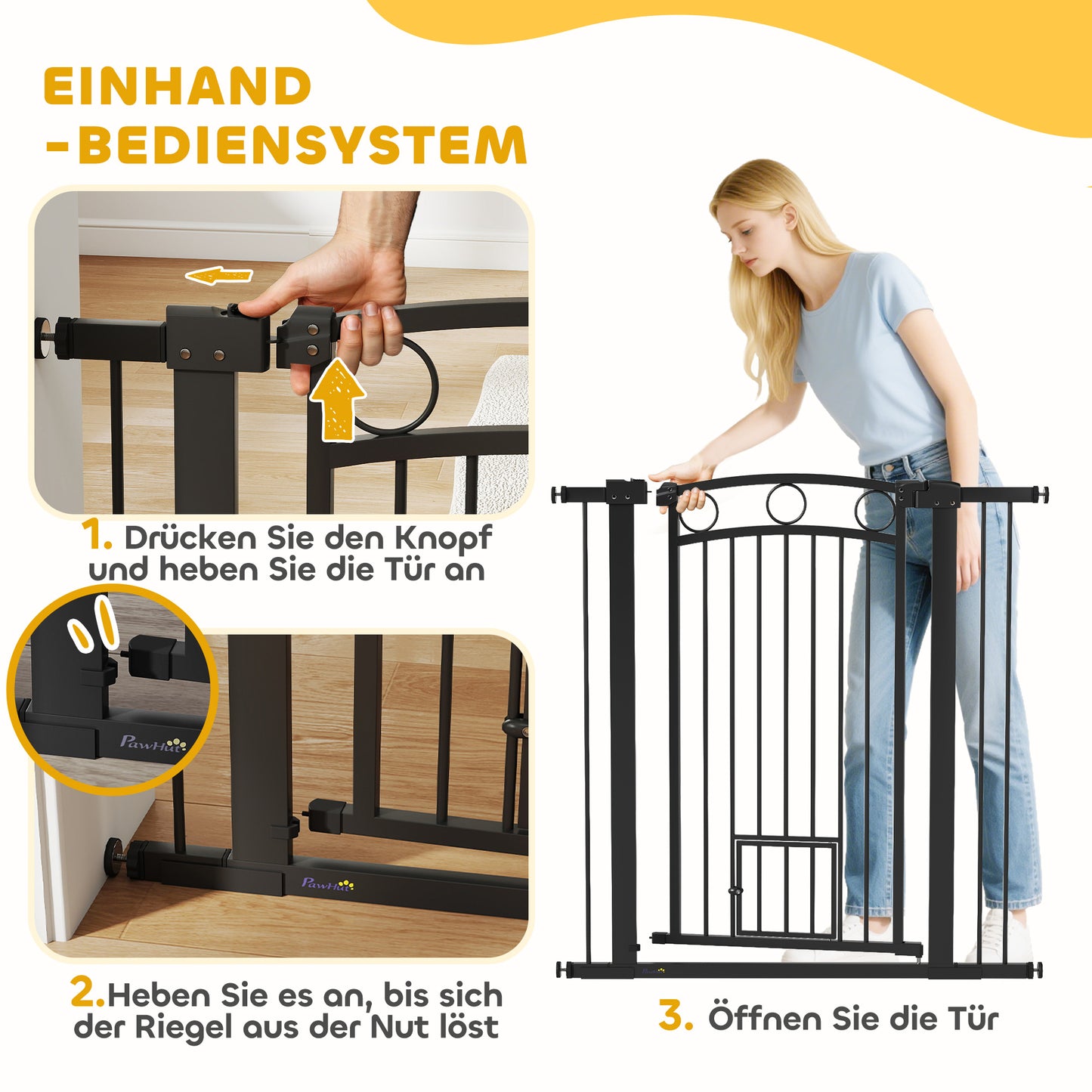 PawHut 106 cm hohes Haustiergitter med anpassbarer Breite, integrierte Katzentür, für Treppen och Türrahmen, Schwarz