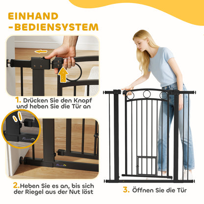 PawHut 106 cm hohes Haustiergitter med anpassbarer Breite, integrierte Katzentür, für Treppen och Türrahmen, Schwarz