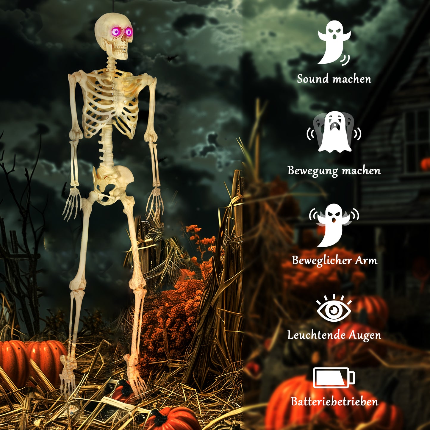 Outsunny Skelett-Figur, Halloween-Dekoration, bewegliche Arme und Beine, Geräusch-Aktivierung, leuchtende Augen, Batteriebetrieb, 152 cm, Metall, Kunststoff, Gelb