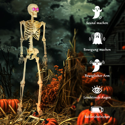 Outsunny Skelett-Figur, Halloween-Dekoration, bewegliche Arme und Beine, Geräusch-Aktivierung, leuchtende Augen, Batteriebetrieb, 152 cm, Metall, Kunststoff, Gelb