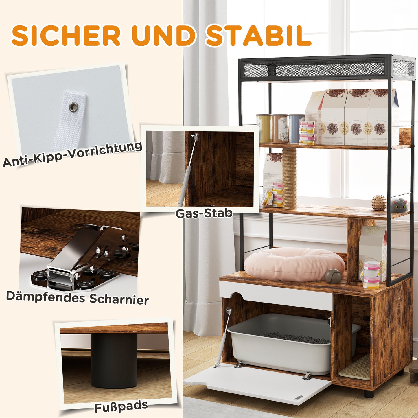 PawHut Katzentoilette mit 3-Ebenen-Regal und Kratzpfosten, geschlossenes Katzenklo, 80 x 48 x 152 cm, Braun