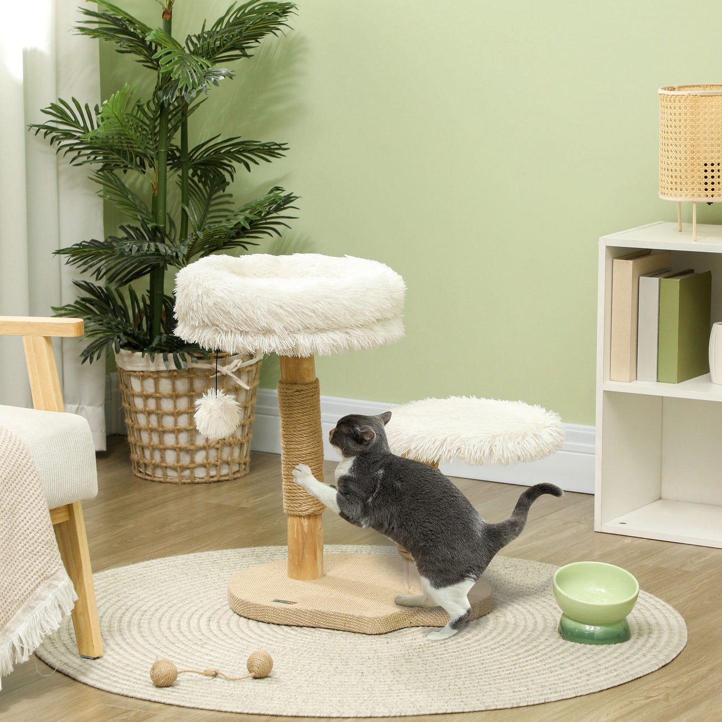 PawHut Katzenbaum, 61,5 cm, mit Katzenbett, Kratzpfosten, Sprungplattform, Spielzeugball, für Katzen bis zu 5 kg, Weiß