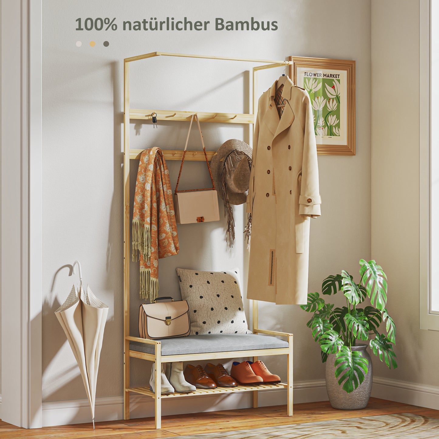 HOMCOM Garderobe mit Schuhbank, Kleiderstange, 10 Kleiderhaken, Schuhablage, Bambus