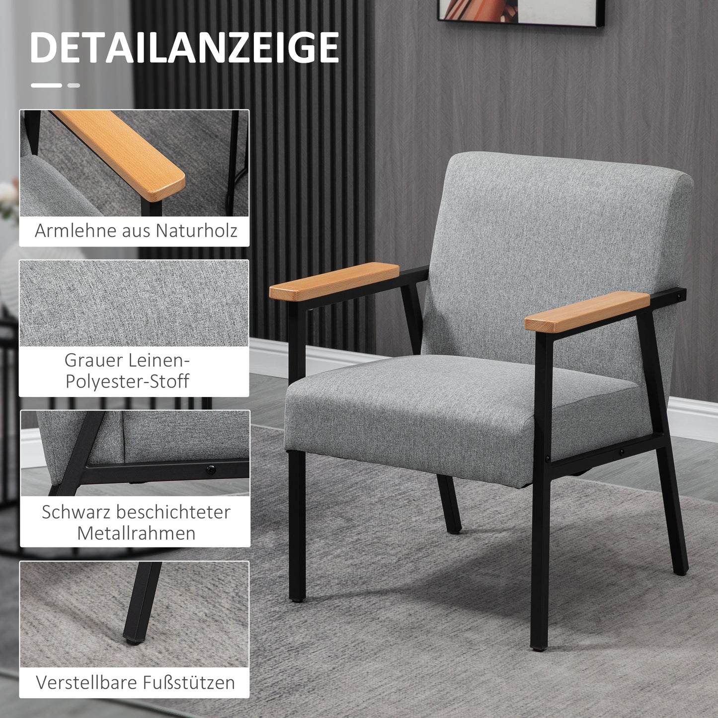 HOMCOM Akzentsessel im Skandidesign, Ruhesessel ,Akzentstuhl, Leinenoptik, Kautschukholz, Grau + Schwarz + Braun