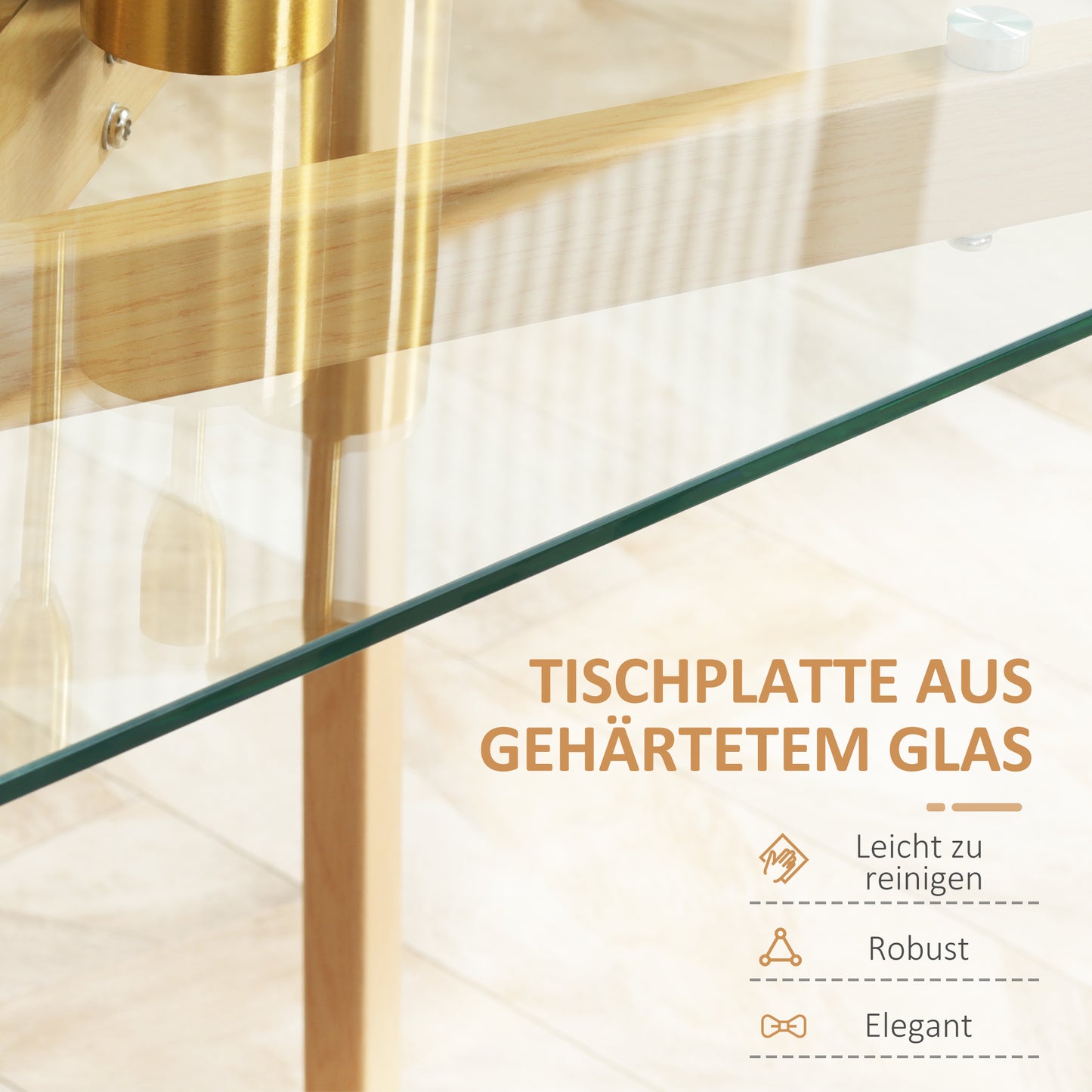 HOMCOM Esstisch für 4 Personen, Glasplatte, Stahlgestell, Holzoptik, 120L x 60B x 76H cm