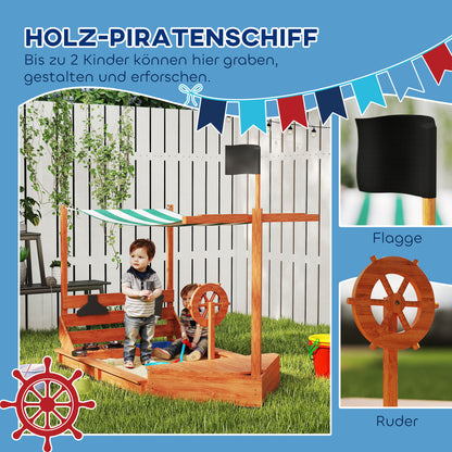 Outsunny Sandkasten mit Sonnendach Piratenschiff, inkl. Barnküchenspielset, Massivholz, 180 x 103 x 144,5 cm, Grön