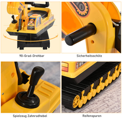HOMCOM Sitzbagger Aufsitzbagger mit Schaufel Hupe, Kinderbagger mit Stauraum unter Sitz, Rutschauto Baggerfahrzeug zum Sitzen bis 30kg, Draufsitzen Sandbagger für Kinder 1,5-4 Jahre Gelb