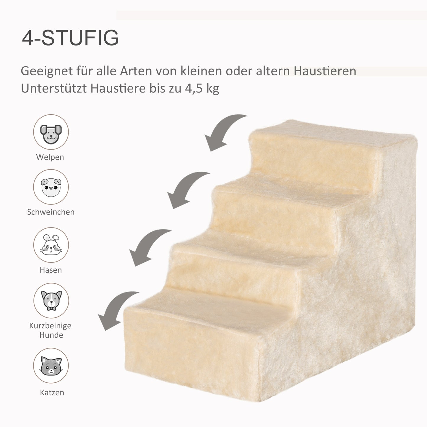 PawHut Hundetreppe 4-stufig, 35 cm Katzentreppe für Bett und Sofa, Haustiertreppe für Hunde und Katzen bis 5 kg, Plüschoptik, Beige