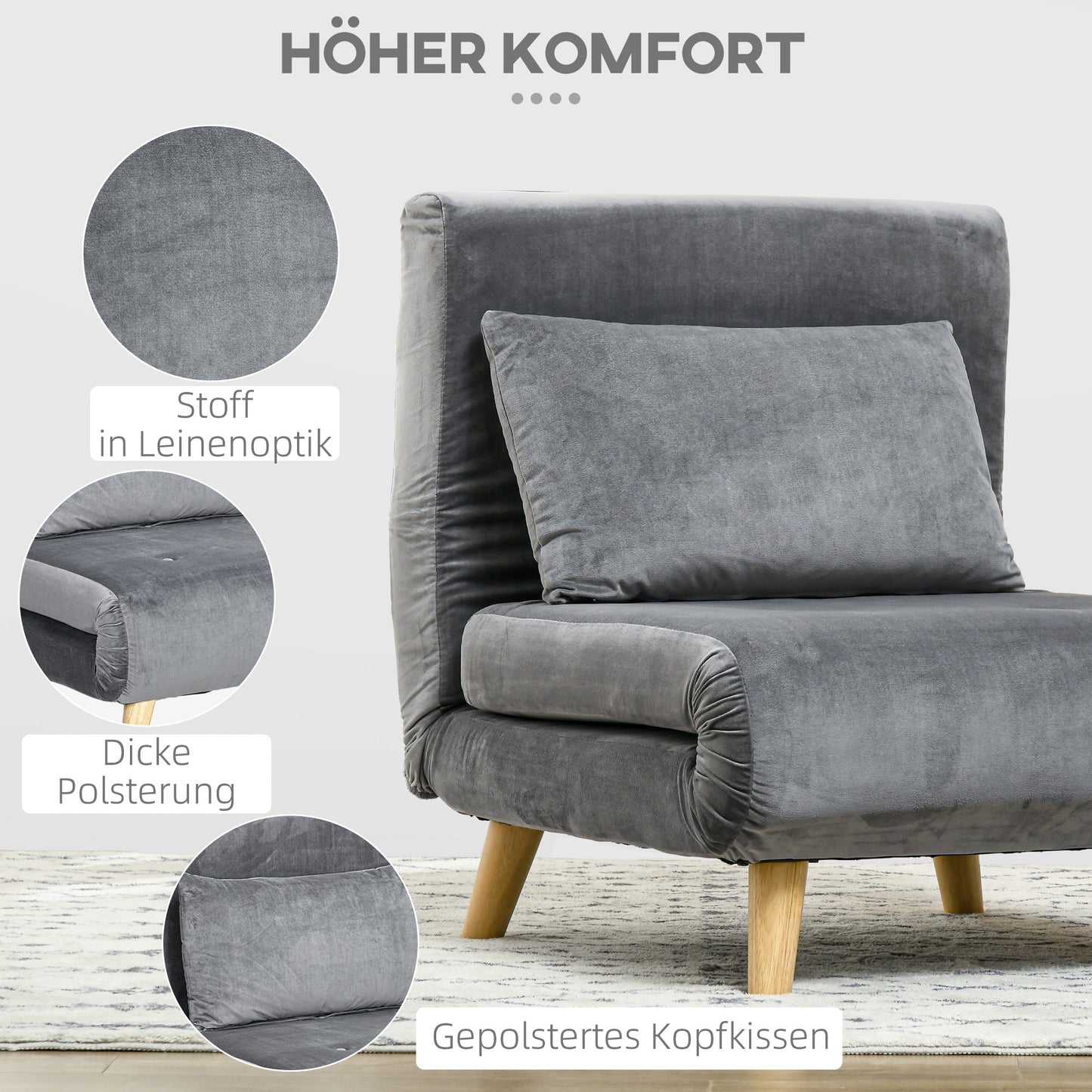HOMCOM 2-in-1 Sessel, Relaxsessel, Gästebett, bis 150 kg, 72 cm x 78 cm x 79 cm, Grau