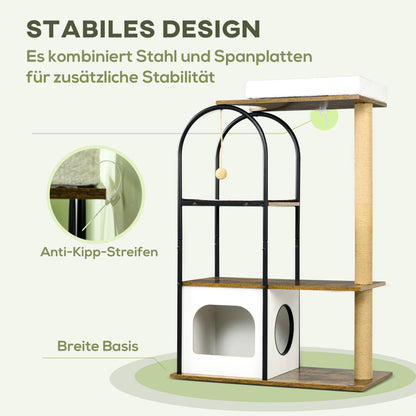 PawHut Kratzbaum, 4 Etagen, Katzenhaus, Spielball, Kippschutz, 80x40x118,5 cm, Braun/Weiß