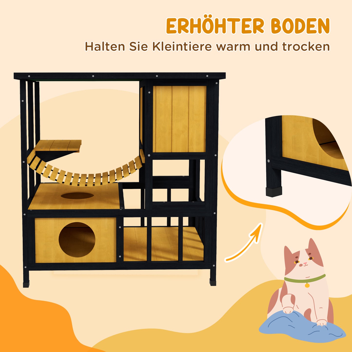 PawHut Katzenhaus Katzenhütte Katzenhöhle, wetterbeständig, 1 Rampe, 1 Plattform, 84,5 x 60 x 88 cm, Grün + Natur