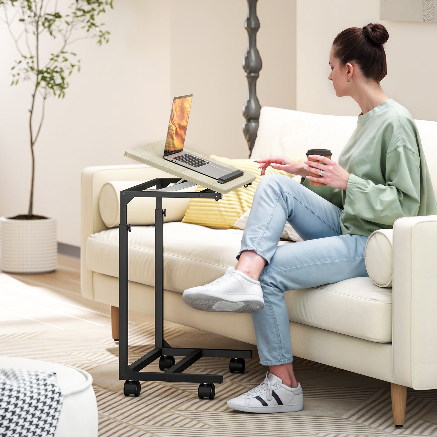 HOMCOM Beistelltisch, Schreibtisch, Nachttisch, höhenverstellbar, 4 Rollen, Metallrahmen