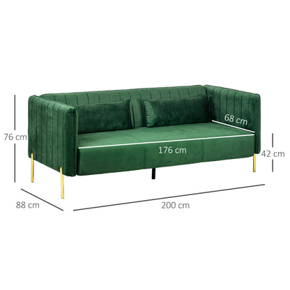 HOMCOM Sofa 3-Sitzer-Sofa Couch, inkl. 2 Kissen, Samtoptik, Retro-Design, abnehmbarer Bezug, 195 cm x 88 cm x 76 cm Grün