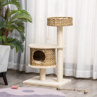 PawHut Kratzbaum Rattan 95 cm Höhe 3-Stufiger Katzenbaum mit Platform, Katzenbett, Kletterbaum mit Katzenhöhle Sisalstämmen Spielbälle Katzenmöbel Sisal Natur+Beige