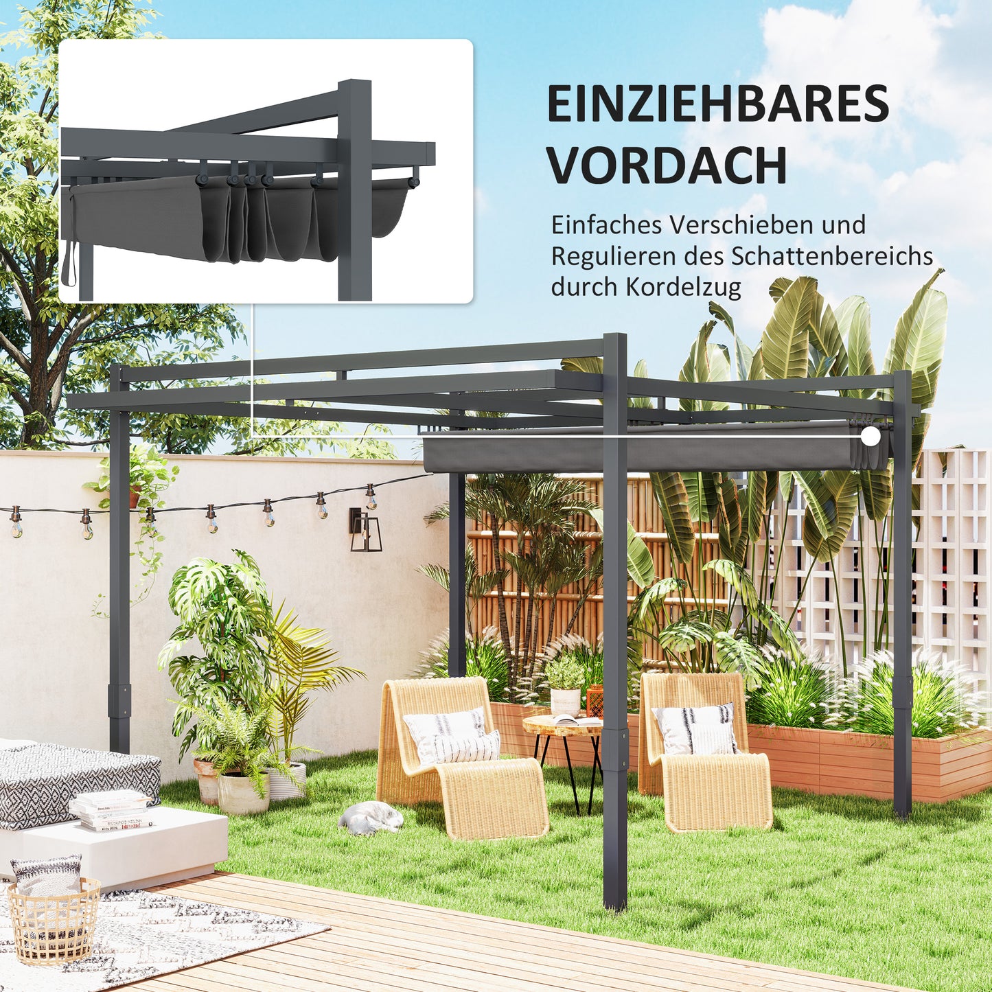 Outsunny Pergola Pavillon ca. 3,5x3m Aluminium Stabil winterfest Sonnenschutz mit verstellbares Schiebedach Grau