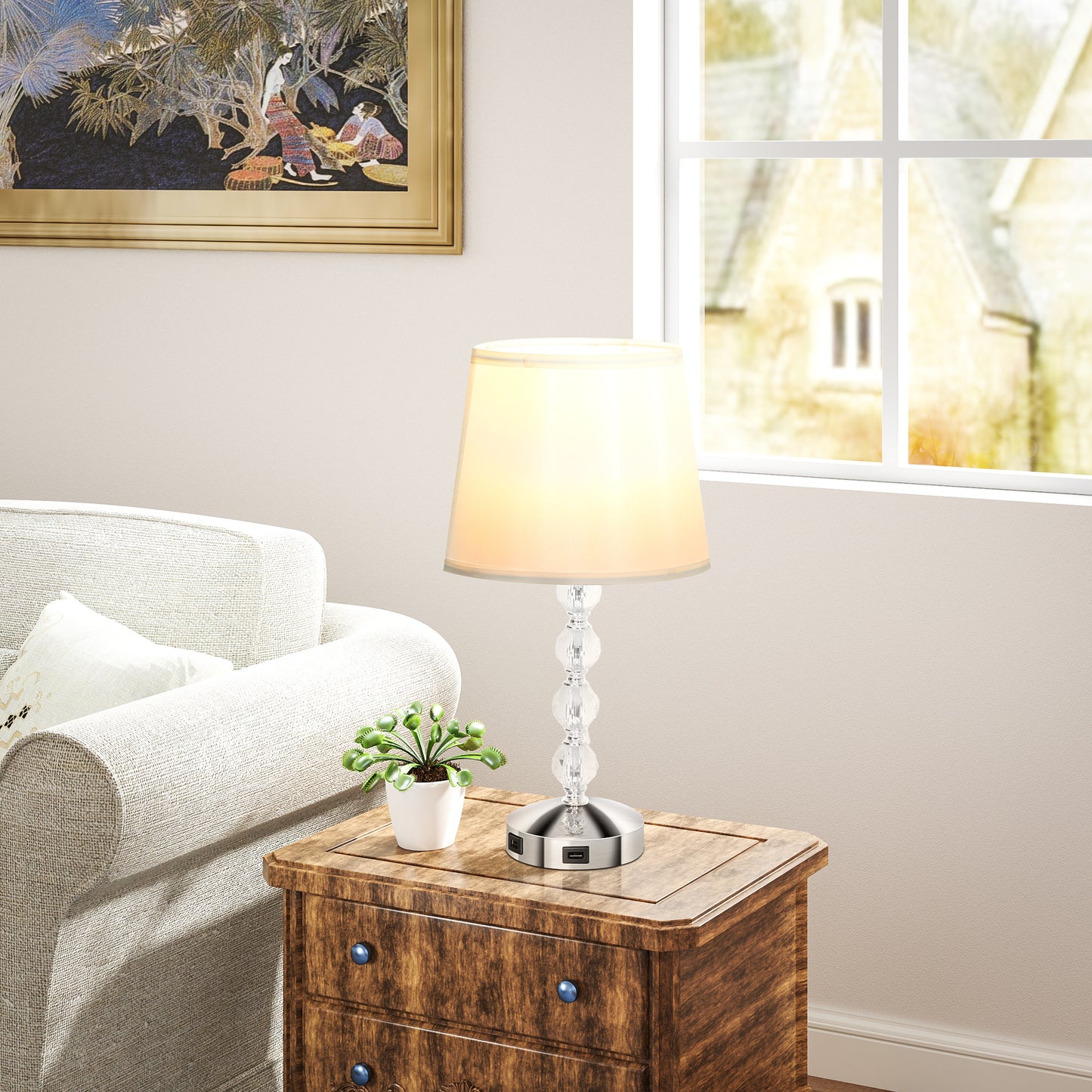 HOMCOM Kristall-Tischleuchte, Touch-Schalter, USB-Ladeanschluss, Ø23x45 cm, Silber