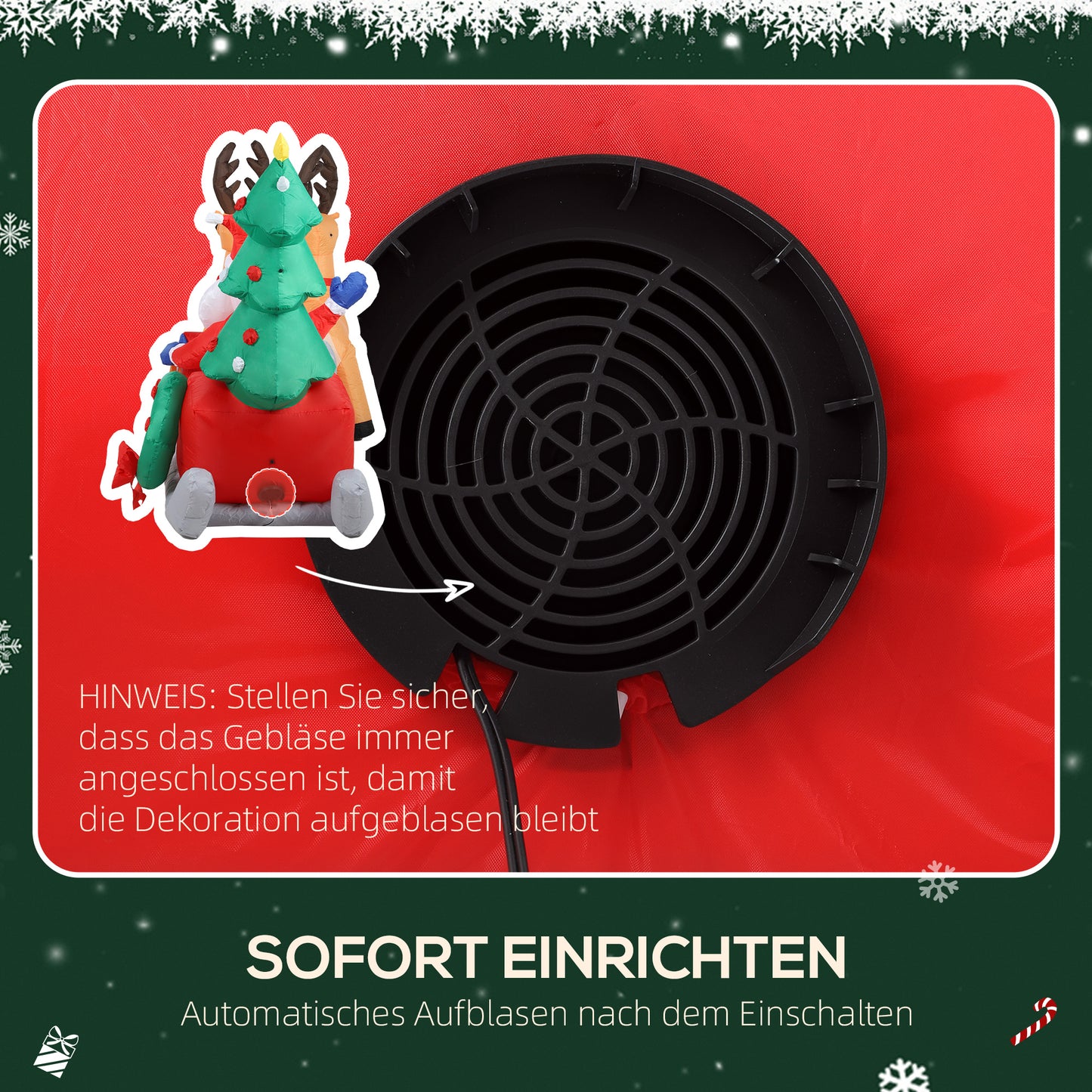 Outsunny Aufblasbare Weihnachtsdekoration, Weihnachtsmann in Rentierschlitten, Polyesterstoff, LED-Lichter, Bunt