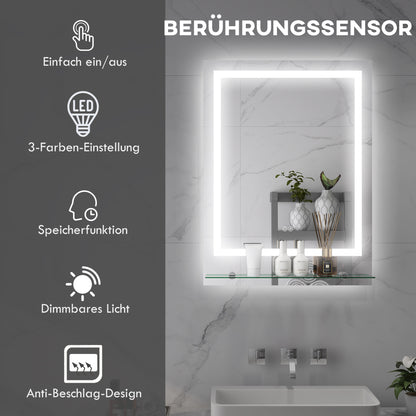 kleankin Badezimmerspiegel mit LED-Beleuchtung, 3 Lichtfarben, Antibeschlag-Funktion, verkabelt, 70 x 50 cm