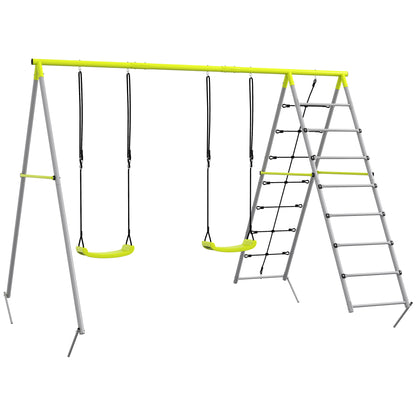 Outsunny Kinderschaukel-Set, mit Kletternetz und Sprossenleiter, für Kinder 3-8 Jahre, Stahlgestell, Grün